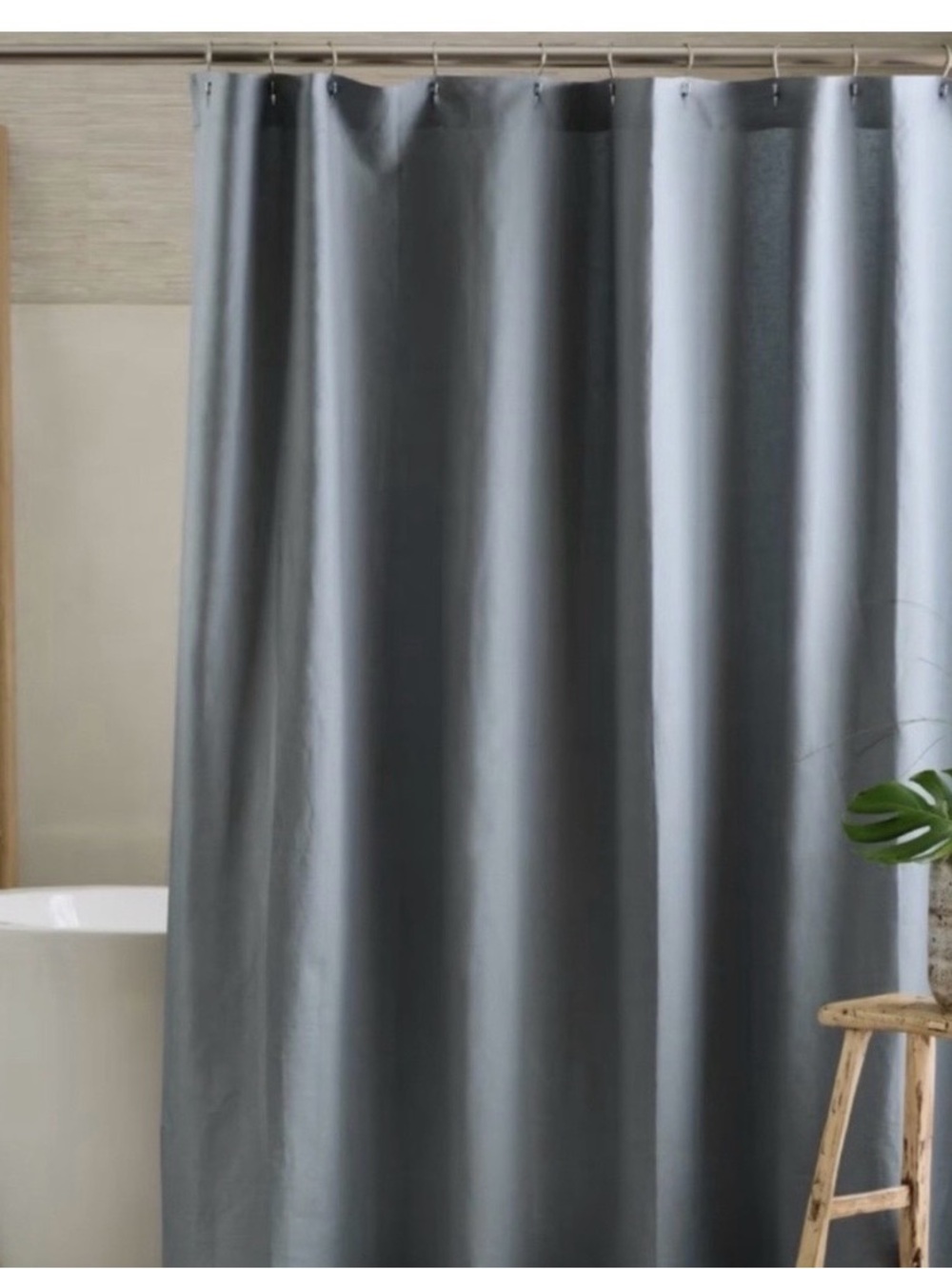Quince Dusty Blue Waterproof Shower Curtain & Black Matte Hooks